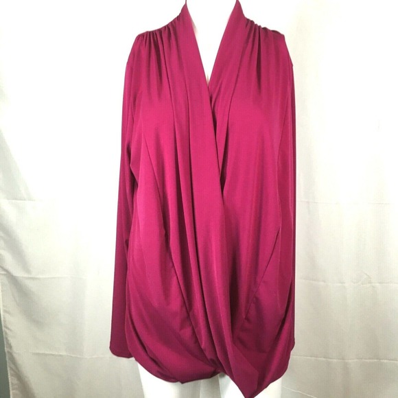 NWT Lbisse Shirt Women L Fuchsia Pink Long Sleeve Stretch Knit Wrap Drape Blouse - Picture 1 of 8
